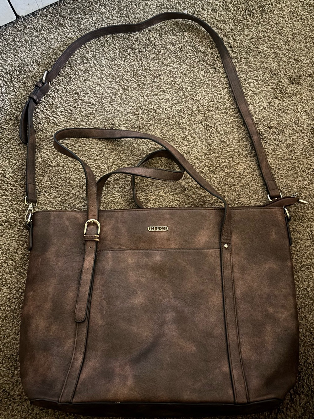 Dark Brown Leather Convertible Tote with Gold Hardware